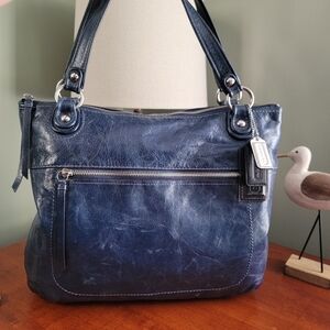 Coach 19002 Poppy Glam Tote Navy Blue Leather Bag